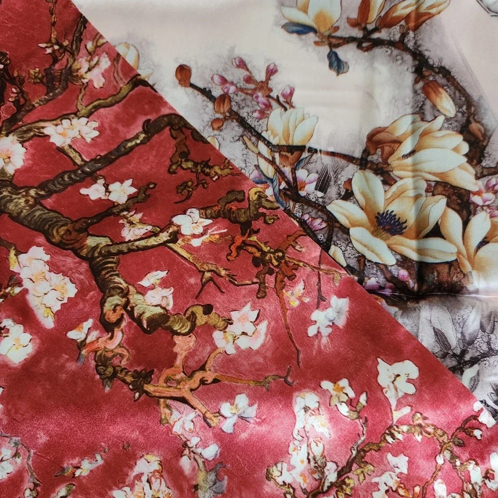 100% Silk Reversible Floral Scarf Pink Red Blossom Tree Branches Long Wrap 66x18